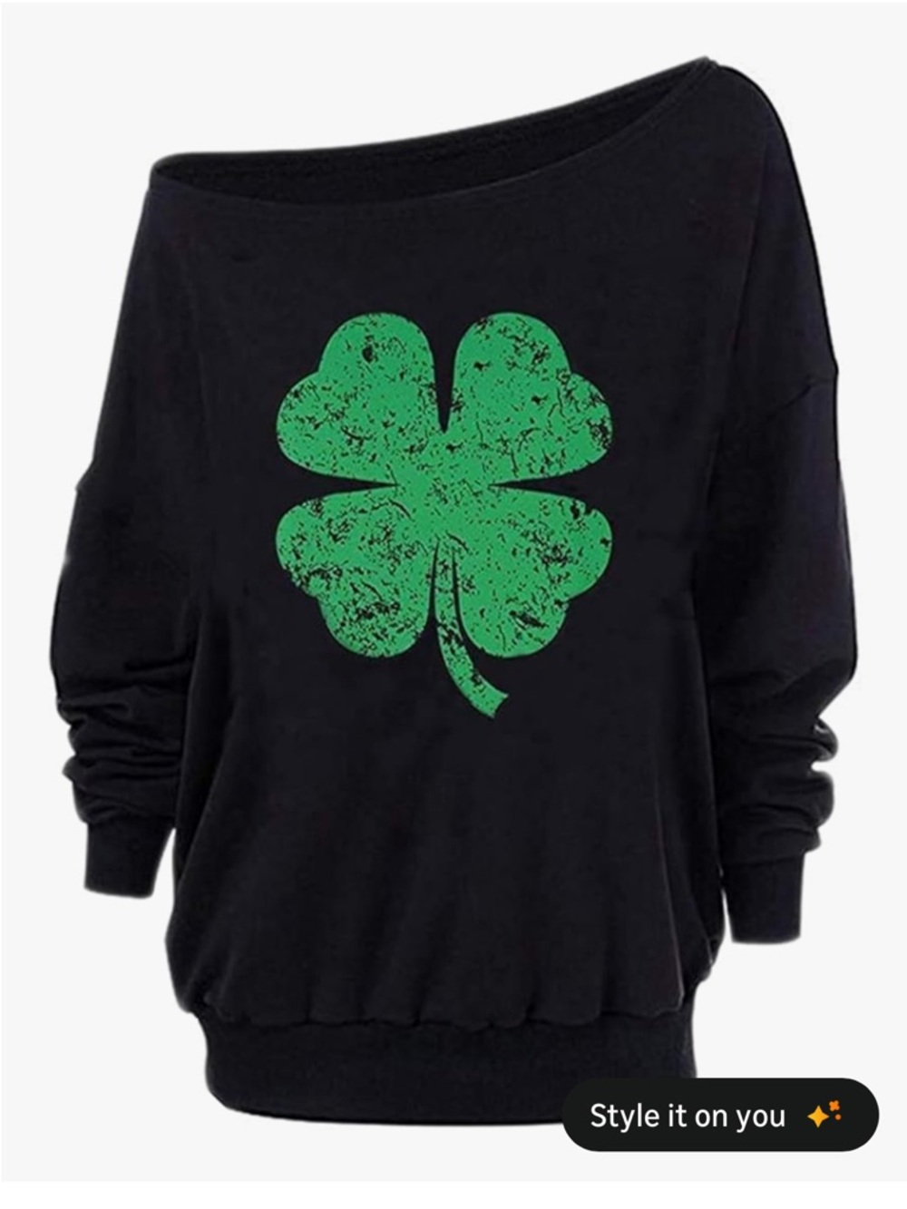 NWT SZ Med Black Off-Shoulder Sweatshirt with Green Shamrock